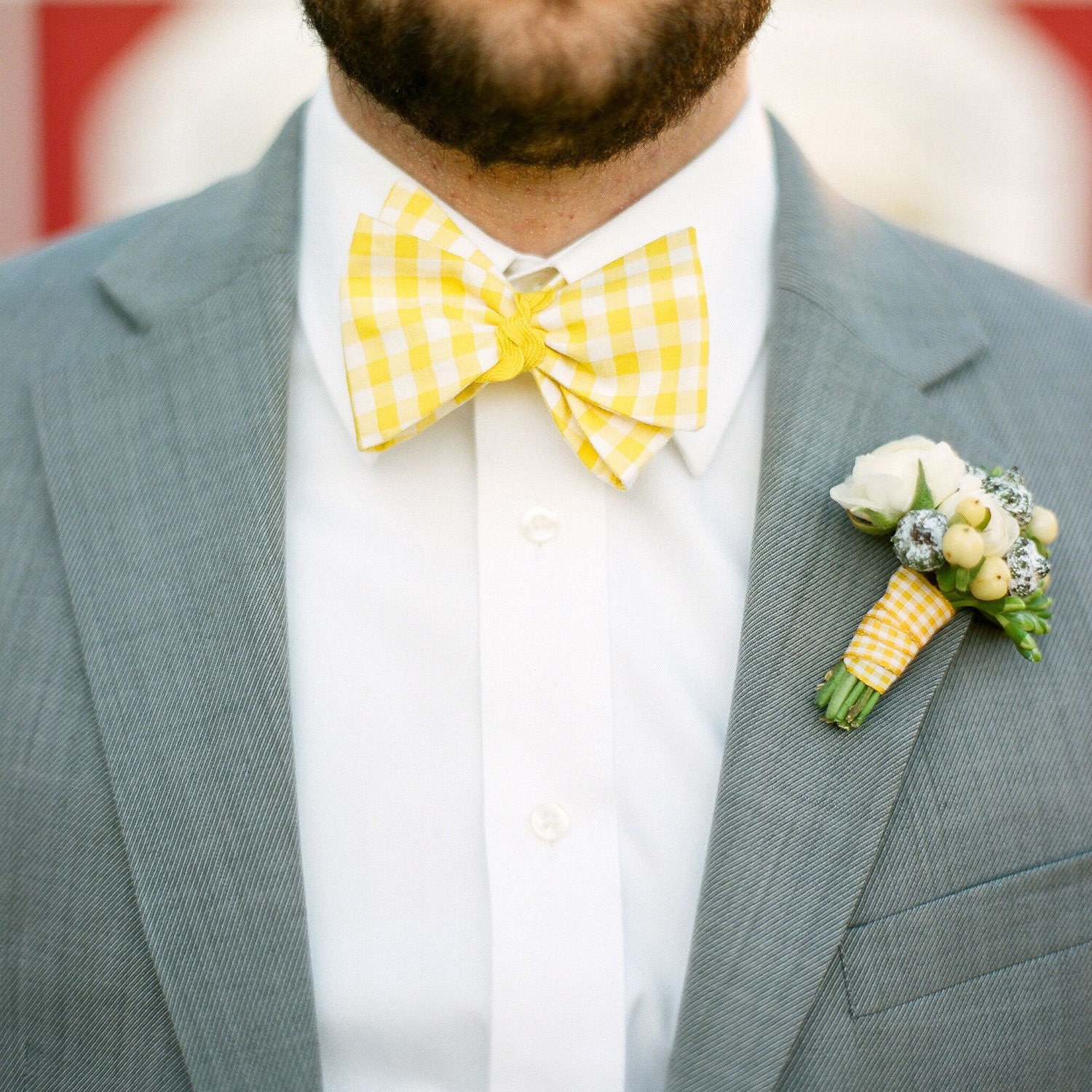 Men's Bow Tie - Yellow Gingham - Sunny Lemon Yellow and White Checks - Adjustable