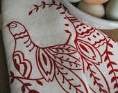 Organic Linen Tea Towels- Set of Two Scandinavian Folk Bird Dish Towels