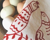 Linen Tea Towel- Scandinavian Folk Birds - Hand Screen Printed Dish Towel- Organic