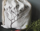Produce Bag-Organic Linen Drawstring Bag- Hand Screen Printed- Sumac Design-Gift Bag