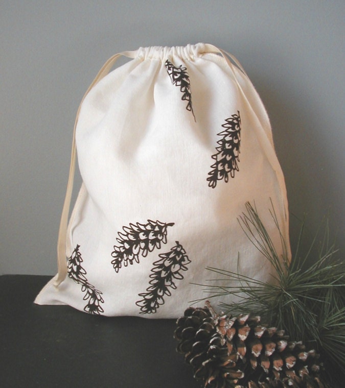Organic linen drawstring produce bag- hand screen printed with pine cone design