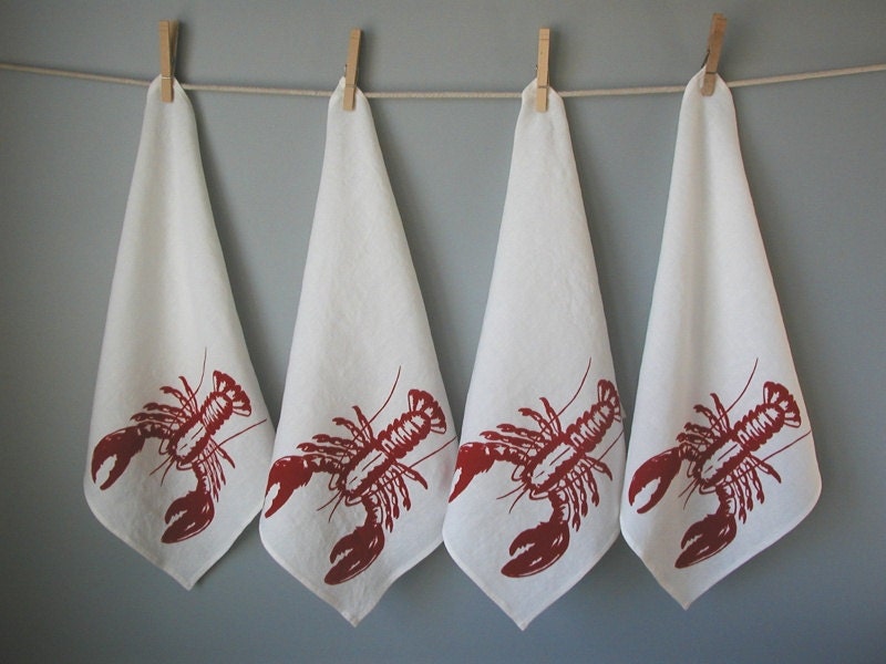 Linen Napkins- Organic- Screen Printed- Lobster Design- Set of Four- Hostess Gift