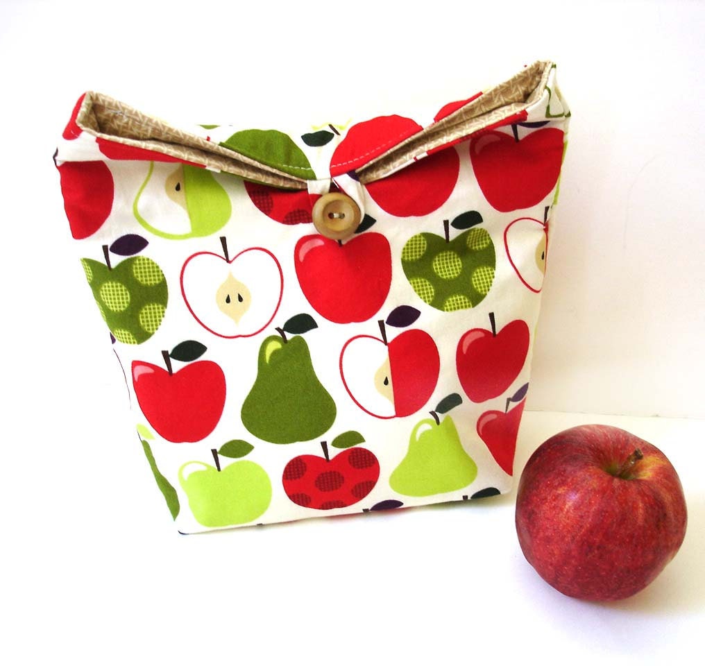 Eco friendly lunch tote bag reusable apples lime green red lunchtime modern fold over - NancyEllenStudios