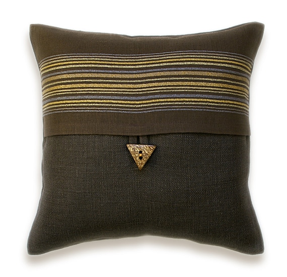 Dark Brown Striped Linen Throw Pillow Cover 16 inch Triangle Natural Coconut Shell Button FARRAH DESIGN