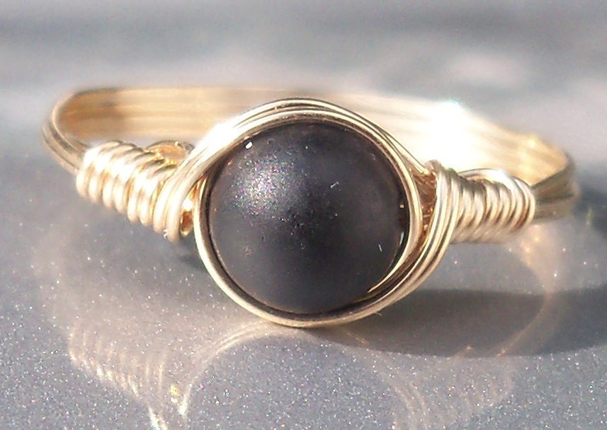 Black Faux Sea Glass14k Gold Filled Wire Wrapped Custom Sized Ring