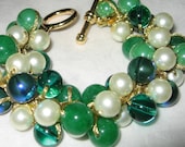 Pearl Beaded Spiraling Cluster Twist Hand Knit Bangle Bracelet, Emerald, Blue Green, White, Kelly Green, Unique, Sereba Designs, Etsy