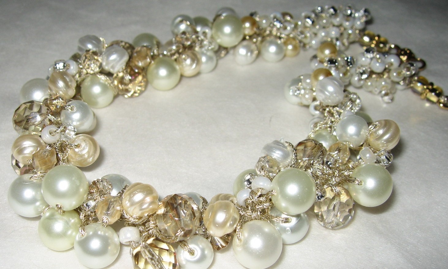 Stunning Pearl Crystal Cluster Wedding Hollywood REGENCY Statement Necklace, Golden HONEY PEAR, Unique Hand Knit wearable  art fiber jewelry