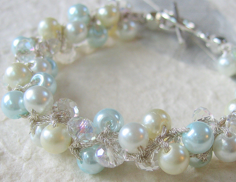 Bridal, Bridesmaid Bubble  Pearl Crystal Wedding Bangle Bracelet, Hand Knit Spiral, TOUCH of TIFFANY Sky BLUE, Ivory, White, Sereba Designs