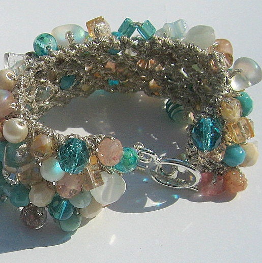 Destination Beach Wedding, Bridal, Bridesmaids, TROPICAL ISLANDS Sea Foam, 1" Wide Cuff Bracelet, Crystal, Semi Precious, Hand Knit