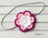 BABY Headband with Crochet Flower  - Purple, Pink and White on SKINNY Grey Headband