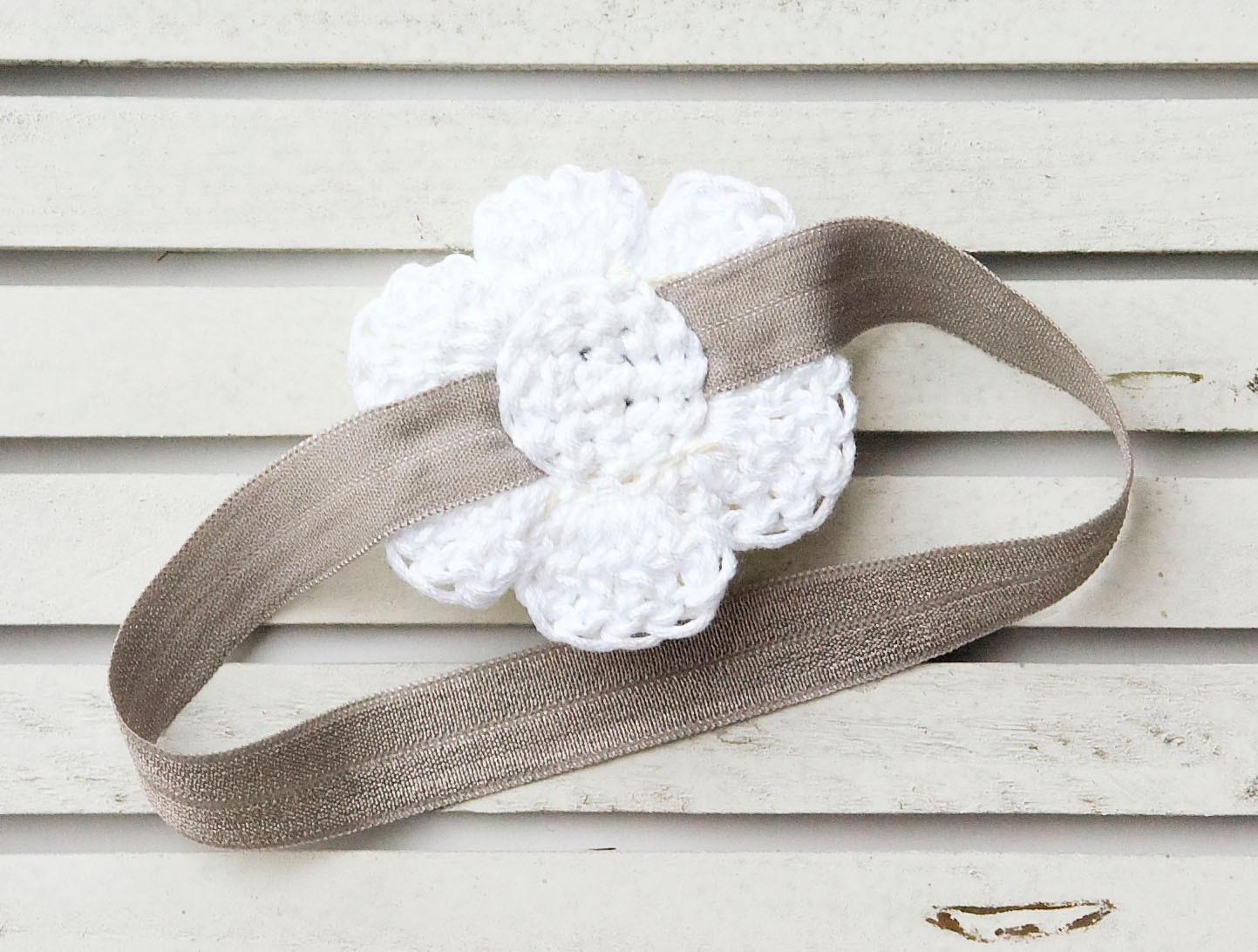 Crochet Baby Headband with Flower in White and Butter Cream on Grey Headband