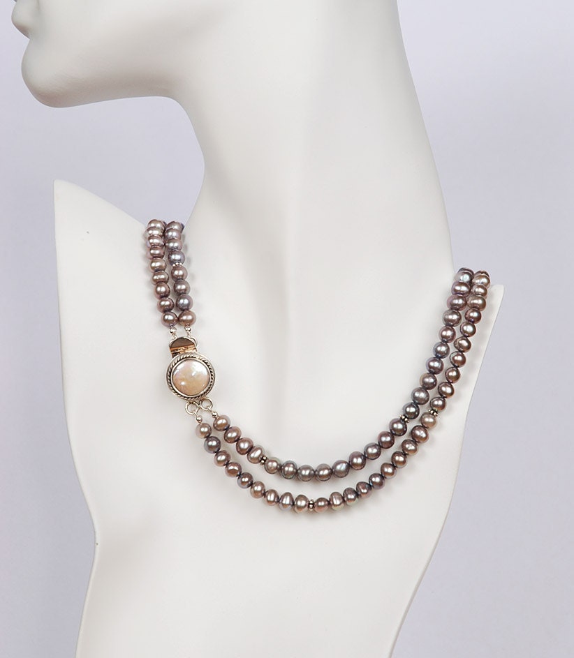 Double strand silver pearl choker with Sterling bezel pearl clasp