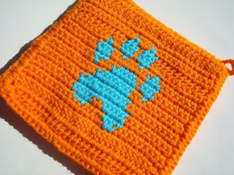 Orange and Blue Pawprint Potholder - Crochet Potholder - Dog Owner, Pet Owner, Dog Person, Pet Lover Gift