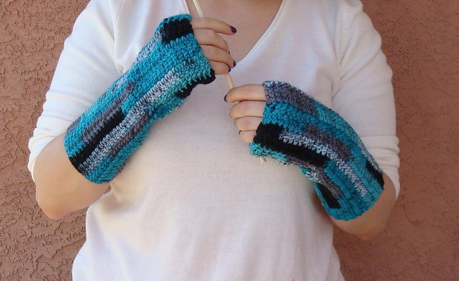 Agean Stripes Fingerless Gloves striped in Blue Grey and Black  for Women or Men - Striped, Stripe Fingerless Gloves, Arm Warmers