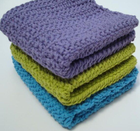 Three Cotton Dishcloths, Crochet Dishcloths, Crocheted Dishcloths, Green, Blue, Purple Dishcloths, Dish Cloths