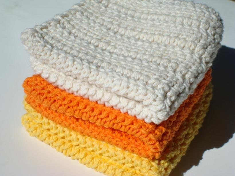 3 Candy Corn Halloween Cotton Dishcloths - Yellow, Orange, White
