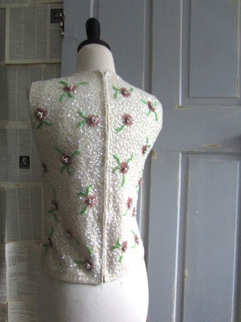 SALE Vintage Beaded Shell 1960s Sequined Top Semi Formal Party Top Sleeveless Womens Size Small