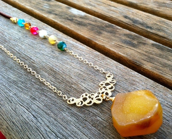 Yellow Gold Druzy With Leather and Raindow Agate Stone Necklace