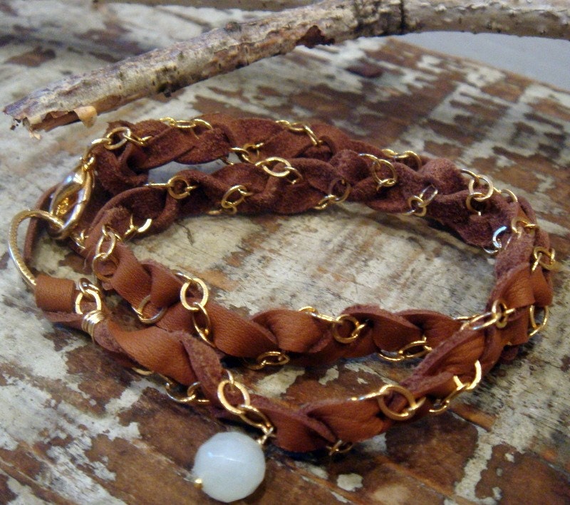 Braided Deer Skin Leather With Gold Fill Chain Wrist Wrap Bracelet