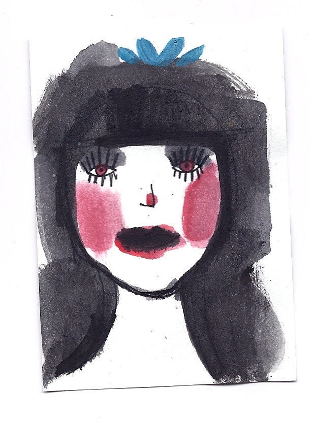 83 - ACEO small original watercolor painting of a girl with dark hair and pink cheeks with a blue bow