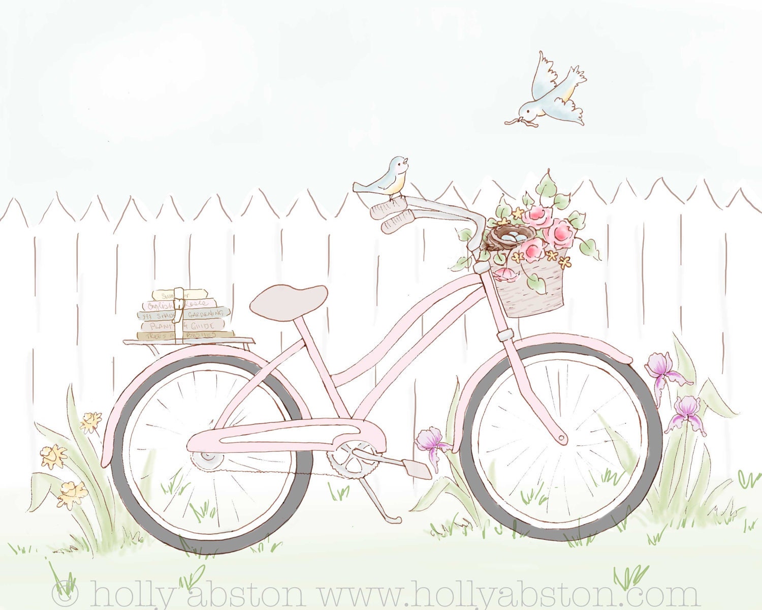 Cruisin original art print PINK. 2 bluebirds made a nest in a bike basket full of flowers. 8x10 giclee.