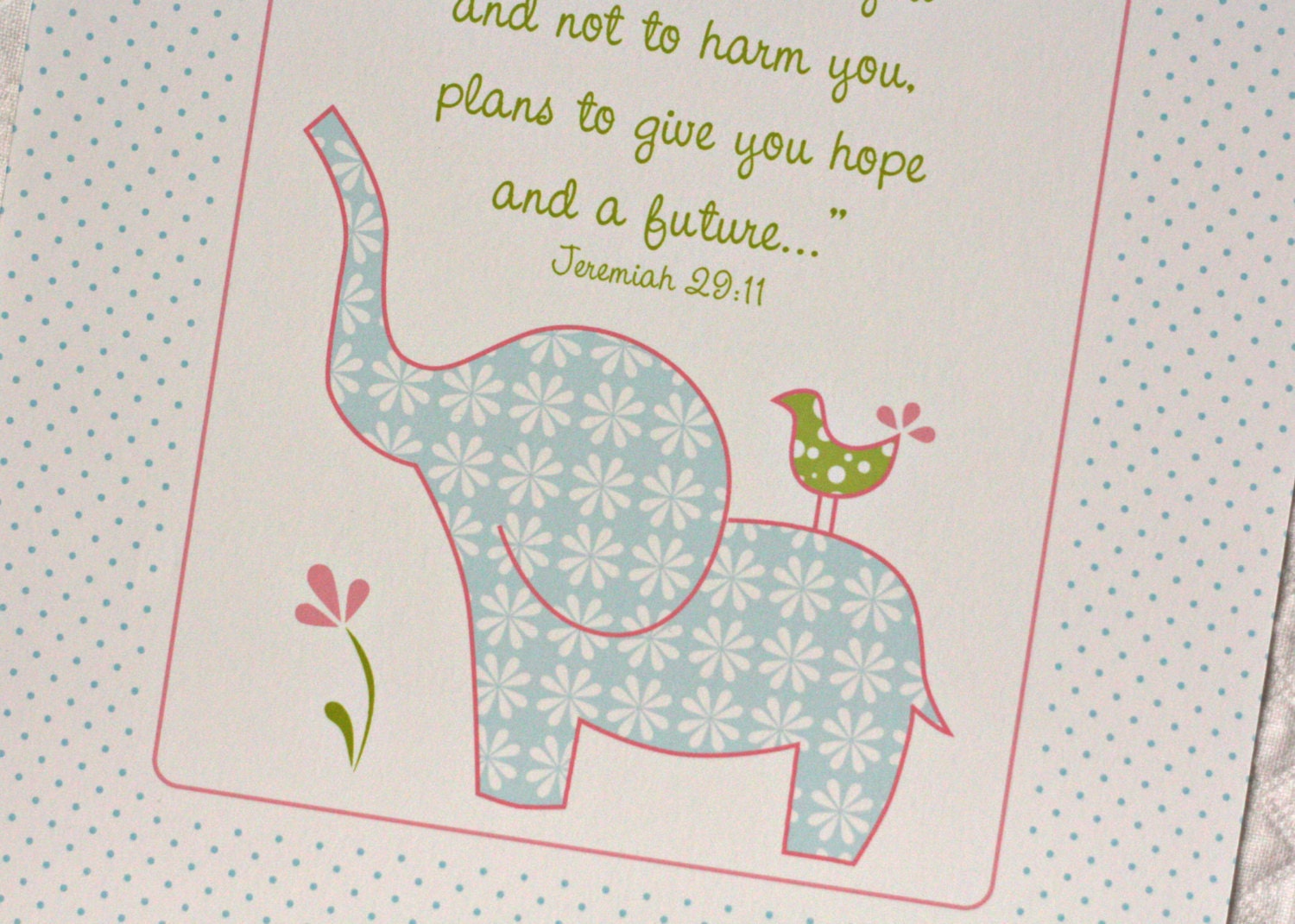 I know the plans I have for you SCRIPTURE  Light Blue, Pink & Green elephant ART PRINT 8x10 Personalized