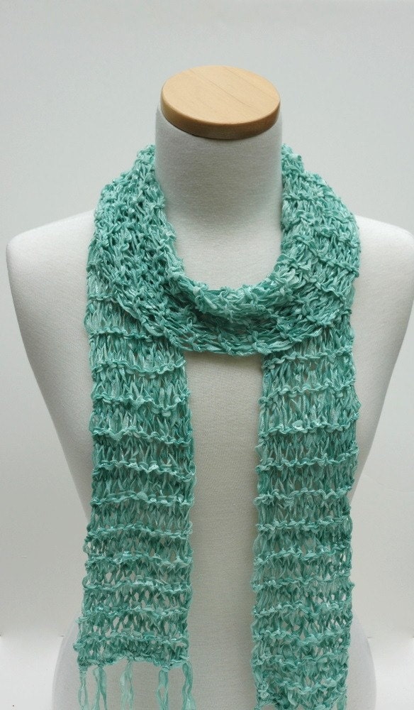 Cotton Scarf- Hand Knit/ Sea Mist/ Turquoise