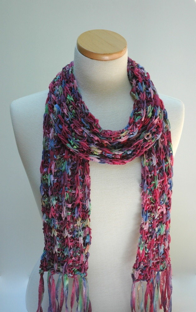 Cotton Scarf- Hand Knit/ Raspberry, Turquoise, Multicolored