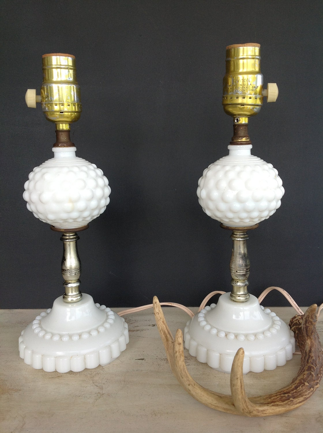 Vintage Pair Hobnail Milk Glass Lamps