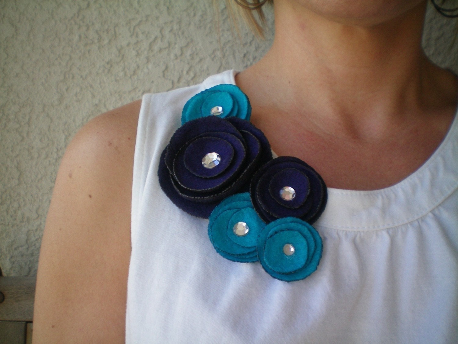Flower Pin...brooch...felt...Five Flower Cluster Pin (peacock blue and purple)