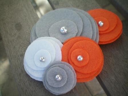 Flower Pin...brooch...felt...corsage...Five Flower Cluster Pin (orange, grey, and white)