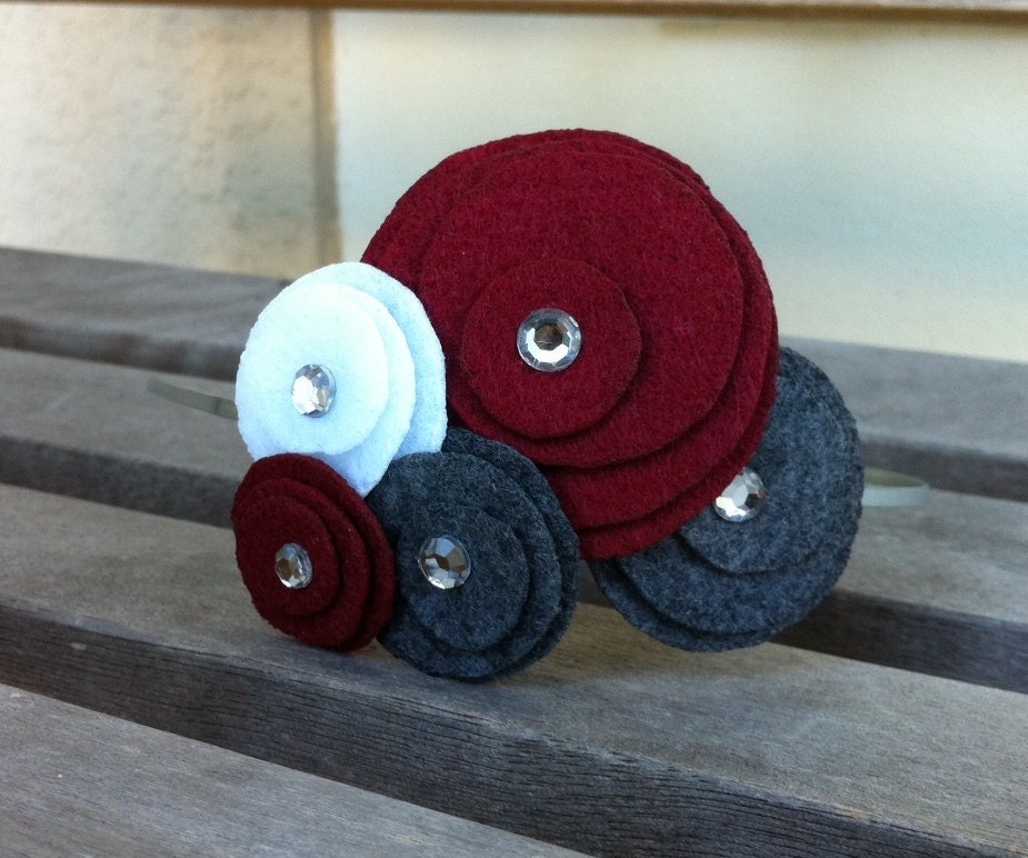 Flower Headband...felt...Five Flower Cluster Headband (ruby, smoke, white)