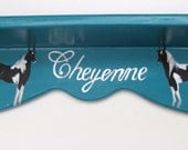 Hand painted shelf personalized and customized in teal with black and white horses