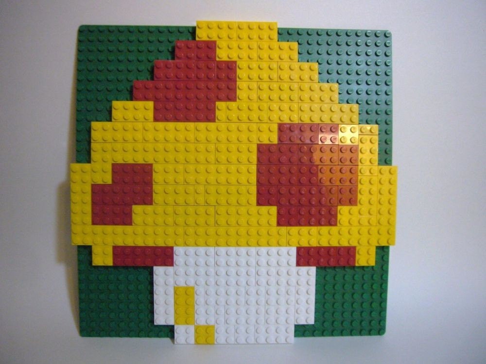 Toy Brick Magic Mushroom Mosaic, ready to hang in a Mario Room