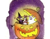 Halloween Card Mice Mouse Art Trick Or Treat Fall/ Autumn Watercolor Illustration Cartoon Greeting Card Print