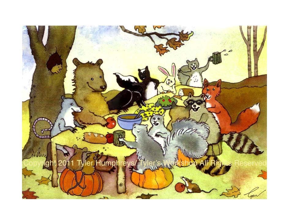 Woodland Animals Greeting Card, Bear Rabbit Fox Crow Raccoons Squirrels Opossum Mice Watercolor Illustration Print