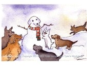 Dog Art, Dogs Greeting Card Snowman Winter Funny Dogs Watercolor Painting illustration Print 'Snow Dogs' 4x6