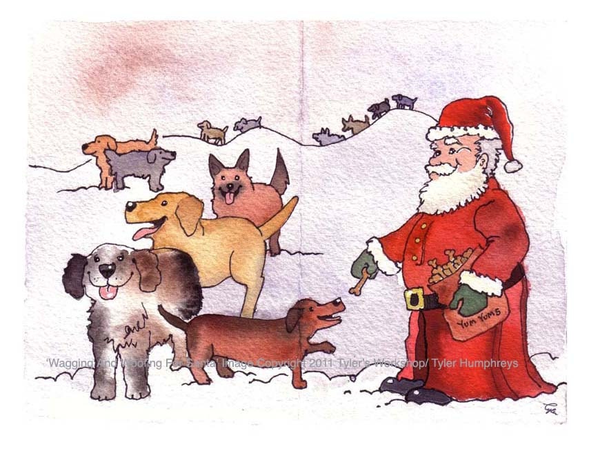 Dog Card- Dog Christmas Card- Dog Art- Dogs & Santa Illustration Watercolor Painting Print 'Wagging and Woofing For Santa'