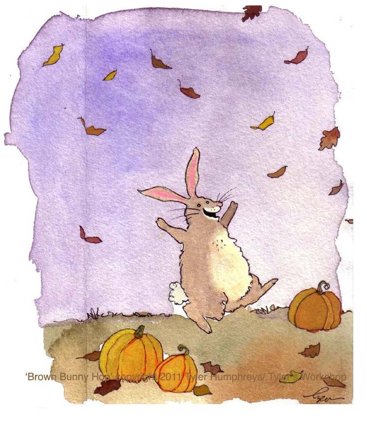 Rabbit Greeting Card- Funny Bunny Rabbit Autumn Fall Illustration Print- 'Brown Bunny Hop'