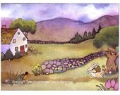 Easter Card- Easter Bunny- Landscape Rabbit Spring Easter Watercolor Painting Illustration Print 'Easter Morning'