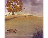 Fox Greeting Card- Red Fox- Rural Landscape Watercolor Gouache Painting Illustration Print