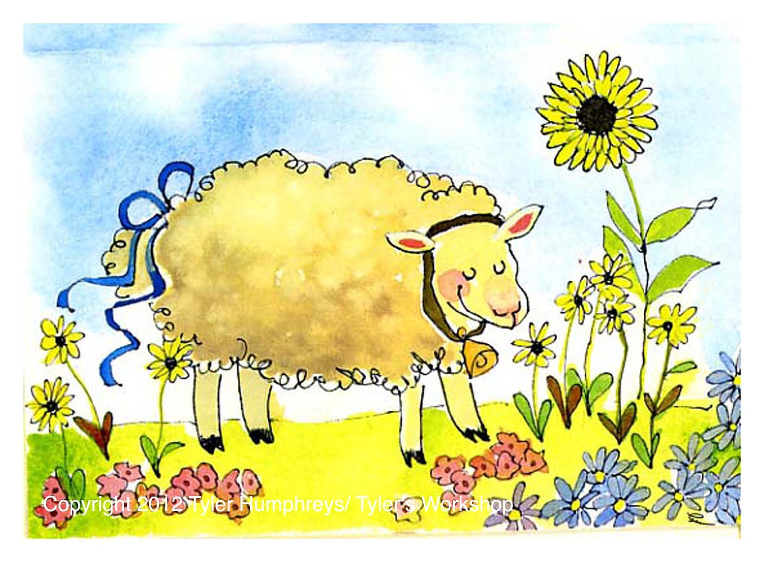 Buy funny e greeting cards - Lamb/ Sheep Art - Easter Card - Sheep Watercolor Painting Illustration- Funny Sheep Greeting Card- Sheep Print 'Sunflower Sheep'