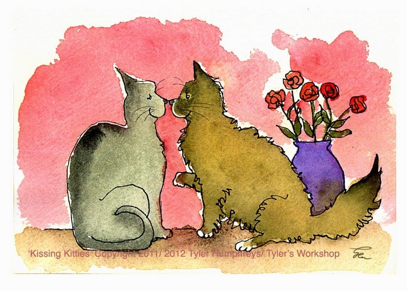 Funny Cats Greeting Card- Watercolor Cats Illustration Print 4x6 'Kissing