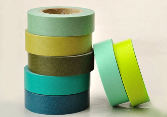 New---Solid Green Series ReMix Japanese Masking Tape Set of 7 Greens for Packaging, Weddings, Parties (15mmlong, 50 percent more)