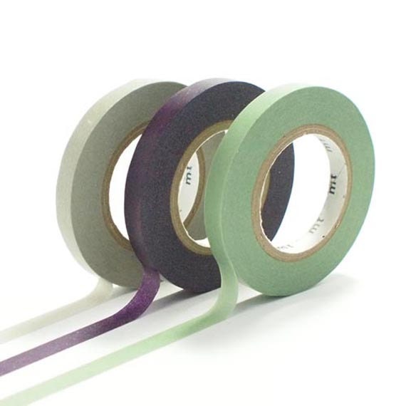 Japanese Washi Masking Tapes / 6mm Slim Bamboo Green, Grape and Light Gray (D) for Decorations, Gift Wrapping, Baby Shower, Weddings