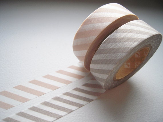 Discontinued-Japanese Washi Masking Tapes / Salmon Pink & Light Gray Stripes (15m Long, 50 percent more) for wedding, baby shower