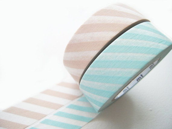 Discontinued-Japanese Washi Masking Tapes / Salmon Pink & Water Blue Stripes (15m Long, 50 percent more) for wedding, baby shower