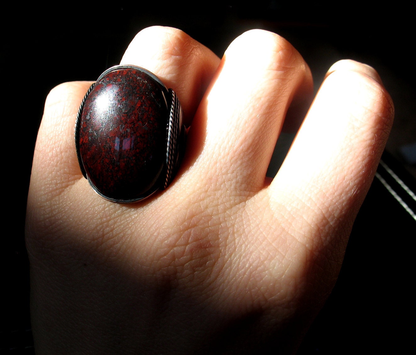Red Jasper Ring, Fiery Auburn Stone, Oxidized Copper, Handmade Statement, Dark Red, Warm Copper Ring