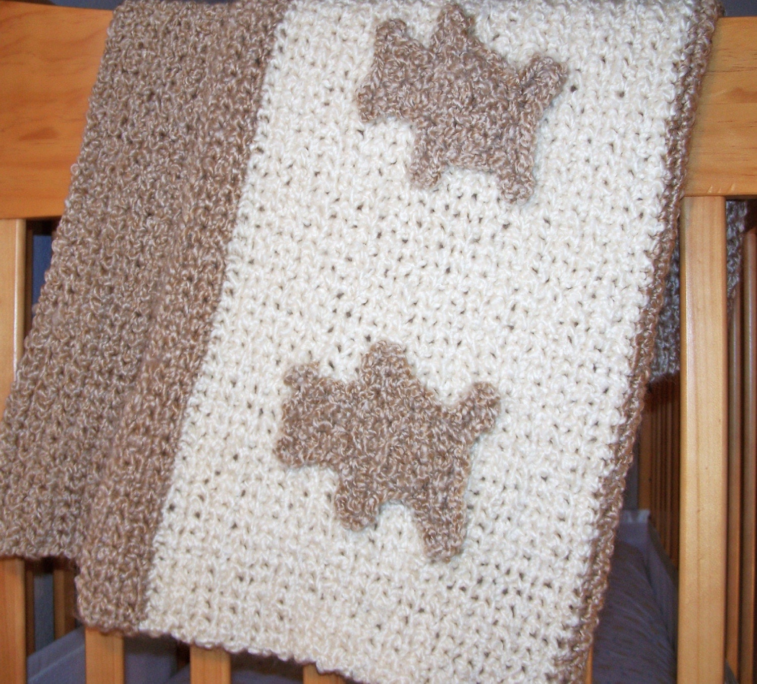 Teddy Bear Baby Blanket Hand Crocheted Afghan Tan Brown n Cream   30 x 36   Handmade   By Distinctly Daisy