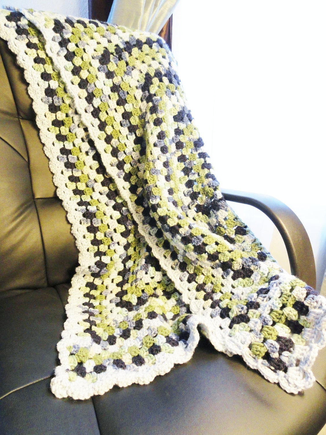 Granny Striped Crocheted Afghan Toddler Blanket Office Couch Lap Throw Blue Green By Distinctly Daisy